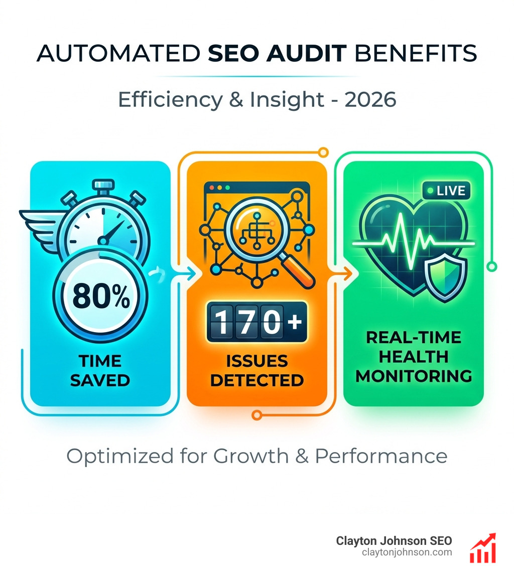 Infographic summarizing the benefits of automated SEO audits: 80% time saved, 170+ issues detected, real-time health monitoring - Automated SEO audit tools infographic Infographic summarizing the benefits of automated SEO audits: 80% time saved, 170+ issues detected, real-time health monitoring - Automated SEO audit tools infographic