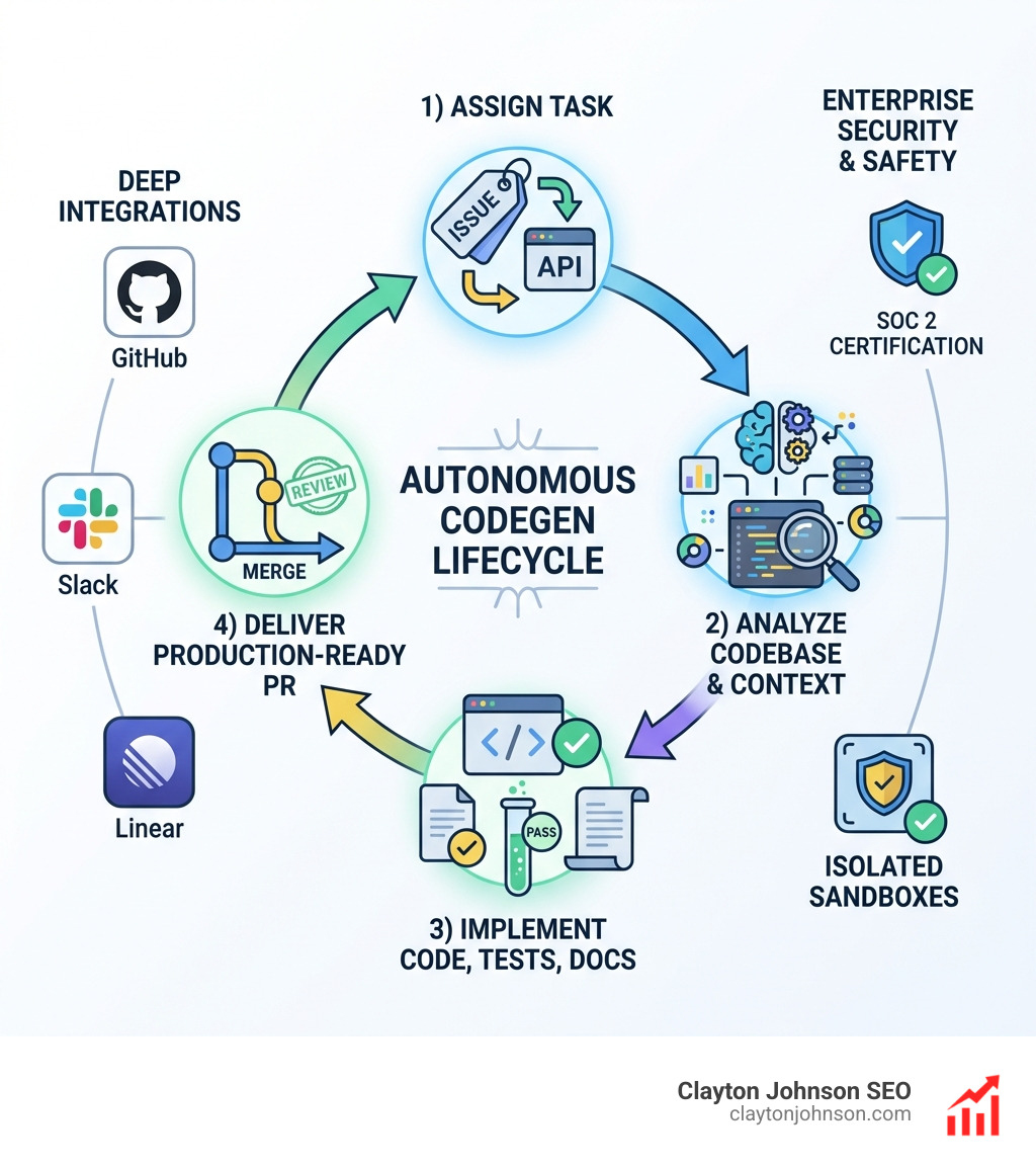 Infographic showing the autonomous codegen lifecycle: 1) Assign task via issue tag or API, 2) Agent analyzes codebase and gathers context, 3) Implements code with tests and documentation, 4) Delivers production-ready PR for review—highlighting integrations with GitHub, Slack, Linear, and enterprise security features like SOC 2 certification and isolated sandboxes - codegen ai for coding infographic Infographic showing the autonomous codegen lifecycle: 1) Assign task via issue tag or API, 2) Agent analyzes codebase and gathers context, 3) Implements code with tests and documentation, 4) Delivers production-ready PR for review—highlighting integrations with GitHub, Slack, Linear, and enterprise security features like SOC 2 certification and isolated sandboxes - codegen ai for coding infographic