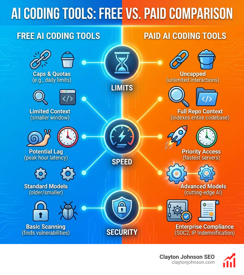 infographic comparing free vs paid AI coding tools across limits, speed, and security - ai coding tools free infographic 