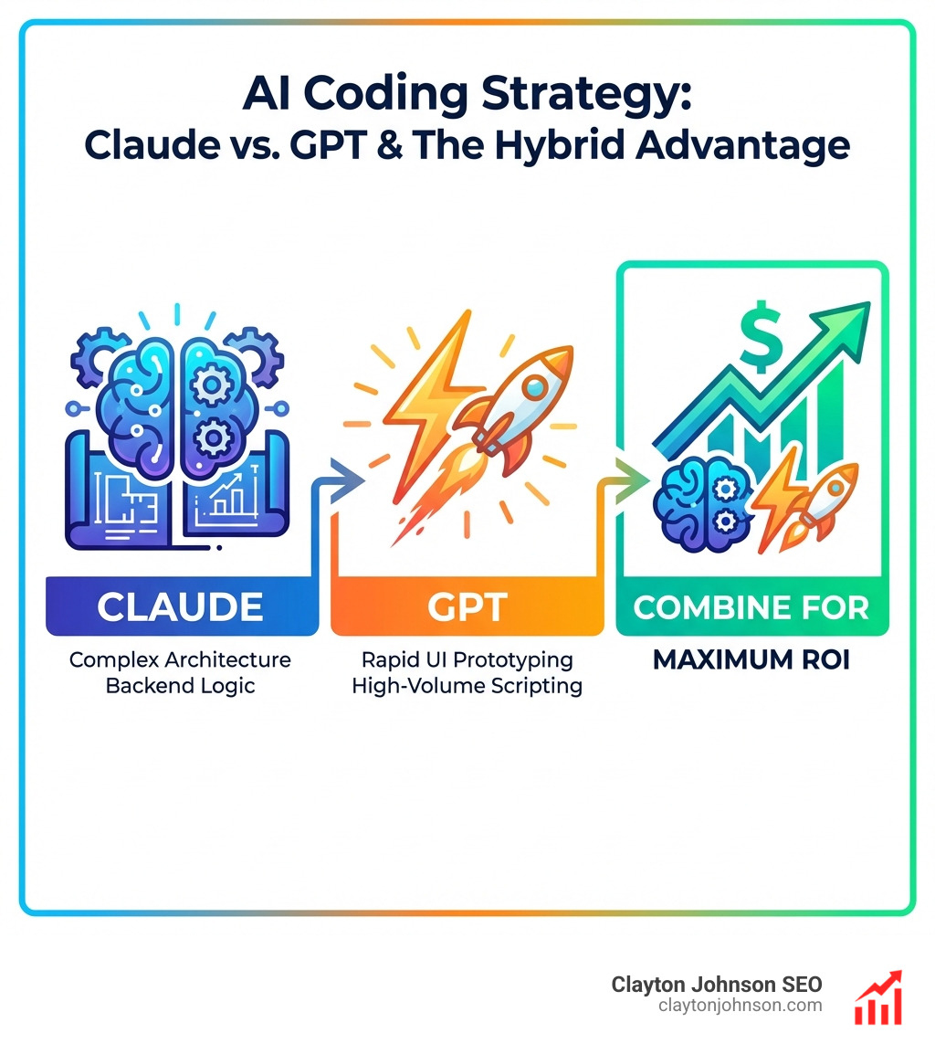 infographic summarizing the strategic choice: Use Claude for complex architecture and backend logic; Use GPT for rapid UI prototyping and high-volume scripting; Combine both for maximum ROI - Claude vs GPT coding infographic 