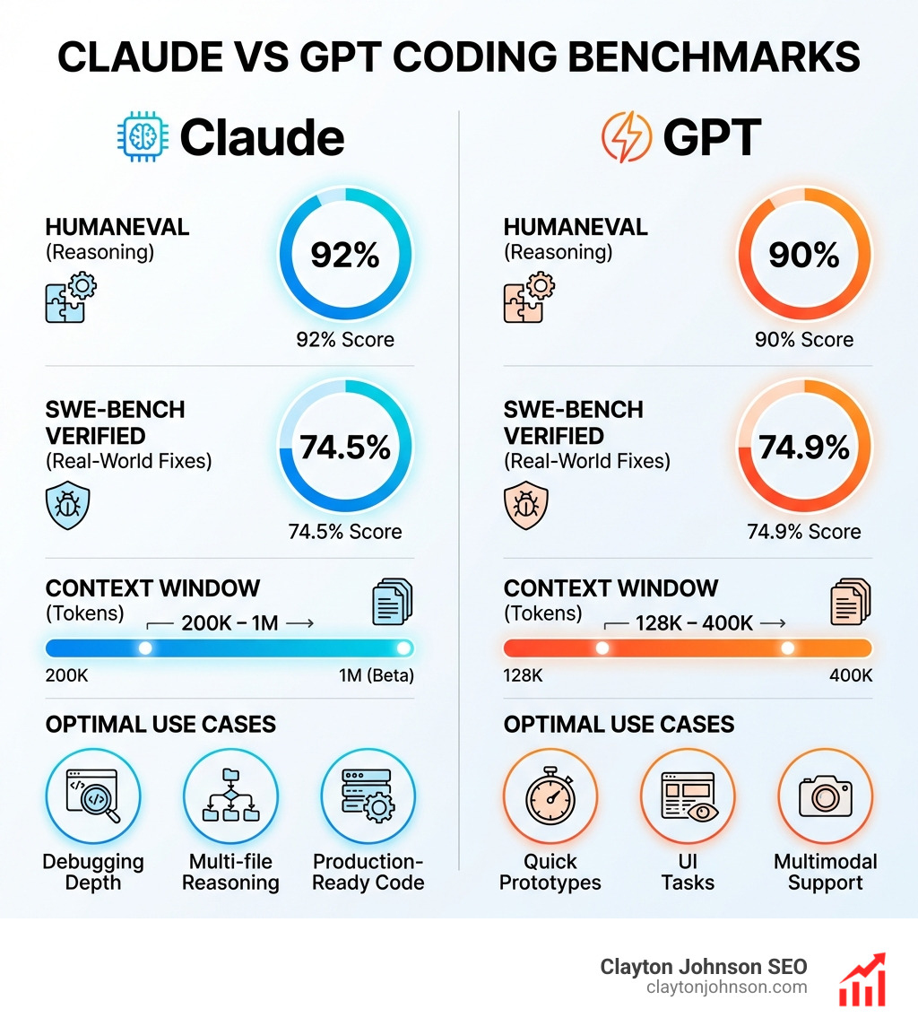 infographic showing Claude vs GPT coding benchmark comparison: HumanEval scores (Claude 92%, GPT 90%), SWE-bench Verified scores (GPT 74.9%, Claude 74.5%), context window sizes (Claude 200K-1M tokens, GPT 128K-400K tokens), and optimal use cases for each model - Claude vs GPT coding infographic 
