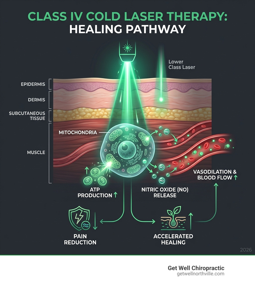 Infographic showing how Class IV laser light penetrates tissue layers, reaches mitochondria in cells, stimulates ATP production, triggers nitric oxide release for vasodilation, and results in pain reduction and accelerated healing - class iv cold laser therapy infographic 