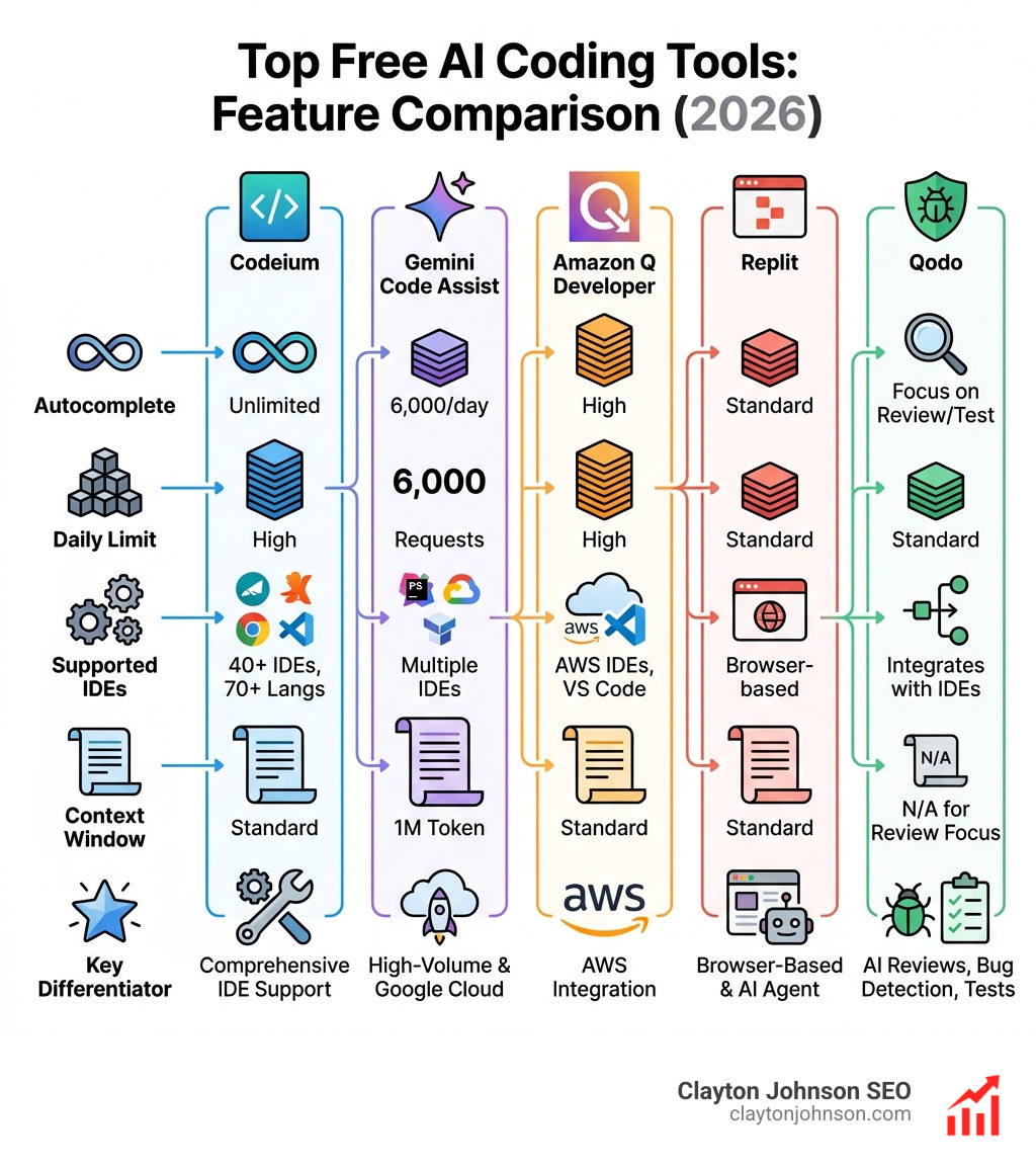 infographic showing comparison of top free AI coding tools with features including unlimited autocomplete, daily request limits, supported IDEs, context window sizes, and key differentiators like local LLM support, AWS integration, and browser-based development - ai coding tools free infographic 