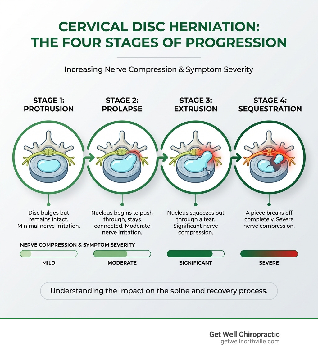 Infographic showing the four stages of cervical disc herniation: protrusion where the disc bulges but remains intact, prolapse where the nucleus begins to push through but stays connected, extrusion where the nucleus squeezes out through the tear, and sequestration where a piece breaks off completely, with each stage showing increasing nerve compression and symptom severity - Herniated disc neck infographic 