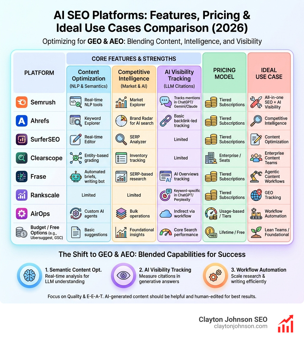 Comprehensive comparison of AI SEO platforms showing features, pricing, and ideal use cases for content optimization, competitive intelligence, and AI visibility tracking - Best AI SEO platforms infographic Comprehensive comparison of AI SEO platforms showing features, pricing, and ideal use cases for content optimization, competitive intelligence, and AI visibility tracking - Best AI SEO platforms infographic
