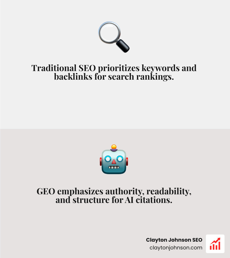 Infographic comparing traditional SEO (Keywords, Backlinks) vs. GEO (Authority, Readability, Structure) - Free SEO AI tools infographic 2_facts_emoji_grey Infographic comparing traditional SEO (Keywords, Backlinks) vs. GEO (Authority, Readability, Structure) - Free SEO AI tools infographic 2_facts_emoji_grey