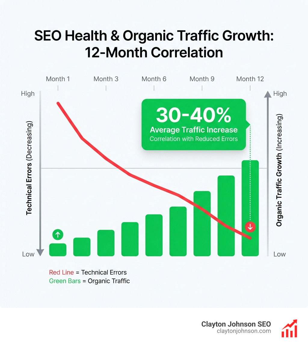 Infographic showing the correlation between SEO health score and organic traffic growth over 12 months. As technical errors decrease (red line), organic traffic (green bars) increases by an average of 30-40%. - Free AI SEO audit infographic 