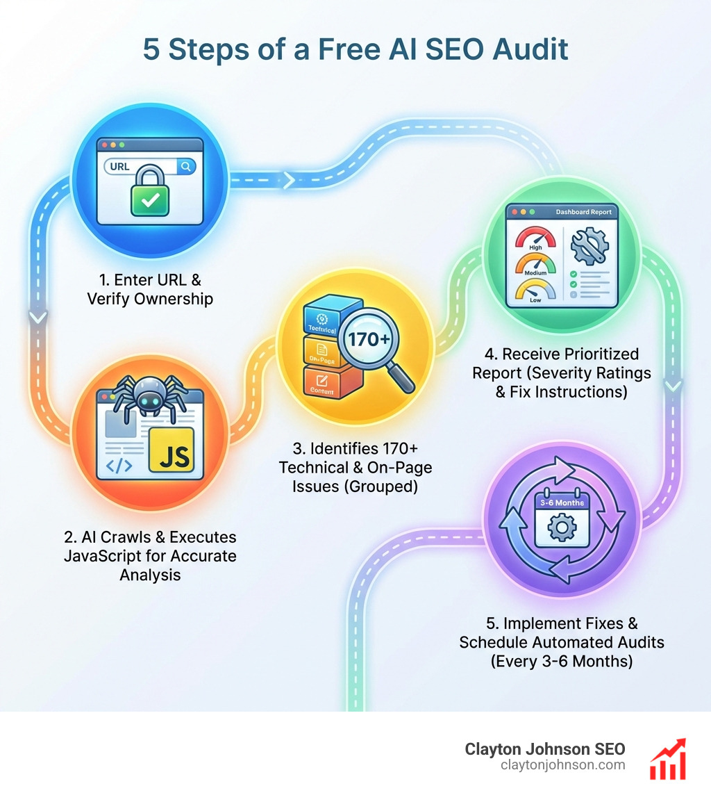 Infographic showing the 5 steps of a Free AI SEO audit: 1. Enter your website URL and verify ownership, 2. AI crawls your site and executes JavaScript for accurate analysis, 3. Tool identifies 170+ technical and on-page issues grouped by category, 4. Receive prioritized report with High/Medium/Low severity ratings and fix instructions, 5. Implement fixes and schedule automated audits every 3-6 months - Free AI SEO audit infographic 