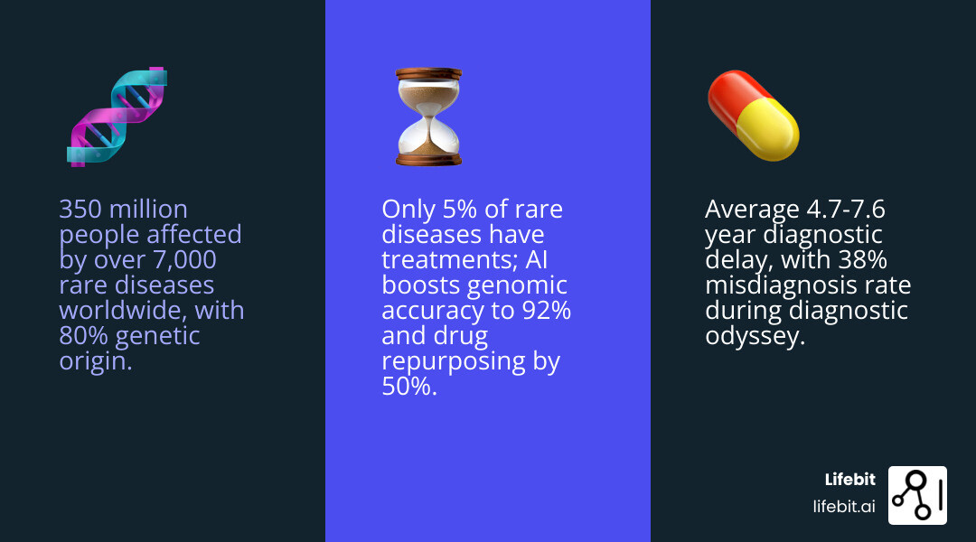 infographic showing rare disease AI workflow: 350 million patients affected globally, 80% genetic origin, 7.6 year average diagnostic odyssey, AI solutions including genomic analysis (92% accuracy), facial recognition (91% accuracy), drug repurposing (50% higher accuracy), and clinical trial screening (87.6% accuracy), all enabled by federated data platforms and transfer learning - Rare disease AI infographic 3_facts_emoji_blue infographic showing rare disease AI workflow: 350 million patients affected globally, 80% genetic origin, 7.6 year average diagnostic odyssey, AI solutions including genomic analysis (92% accuracy), facial recognition (91% accuracy), drug repurposing (50% higher accuracy), and clinical trial screening (87.6% accuracy), all enabled by federated data platforms and transfer learning - Rare disease AI infographic 3_facts_emoji_blue