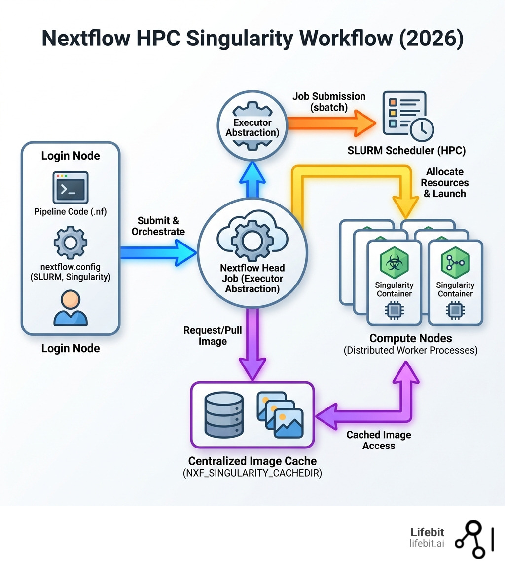 Infographic showing the complete Nextflow HPC Singularity workflow: from pipeline code through executor abstraction to SLURM job submission, Singularity container execution on compute nodes, and centralized image caching, with arrows indicating data flow from login node through head job to distributed worker processes - nextflow hpc_sing infographic Infographic showing the complete Nextflow HPC Singularity workflow: from pipeline code through executor abstraction to SLURM job submission, Singularity container execution on compute nodes, and centralized image caching, with arrows indicating data flow from login node through head job to distributed worker processes - nextflow hpc_sing infographic