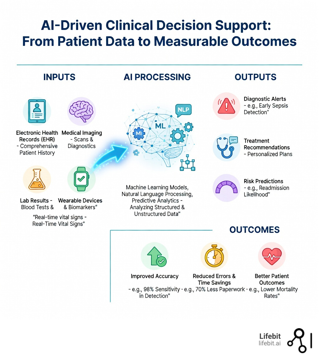 Infographic showing the flow from patient data (EHR, imaging, lab results, wearables) through AI processing (machine learning models, natural language processing, predictive analytics) to clinical decision support outputs (diagnostic alerts, treatment recommendations, risk predictions) and measurable outcomes (improved accuracy, reduced errors, time savings, better patient outcomes) - AI clinical decision infographic 