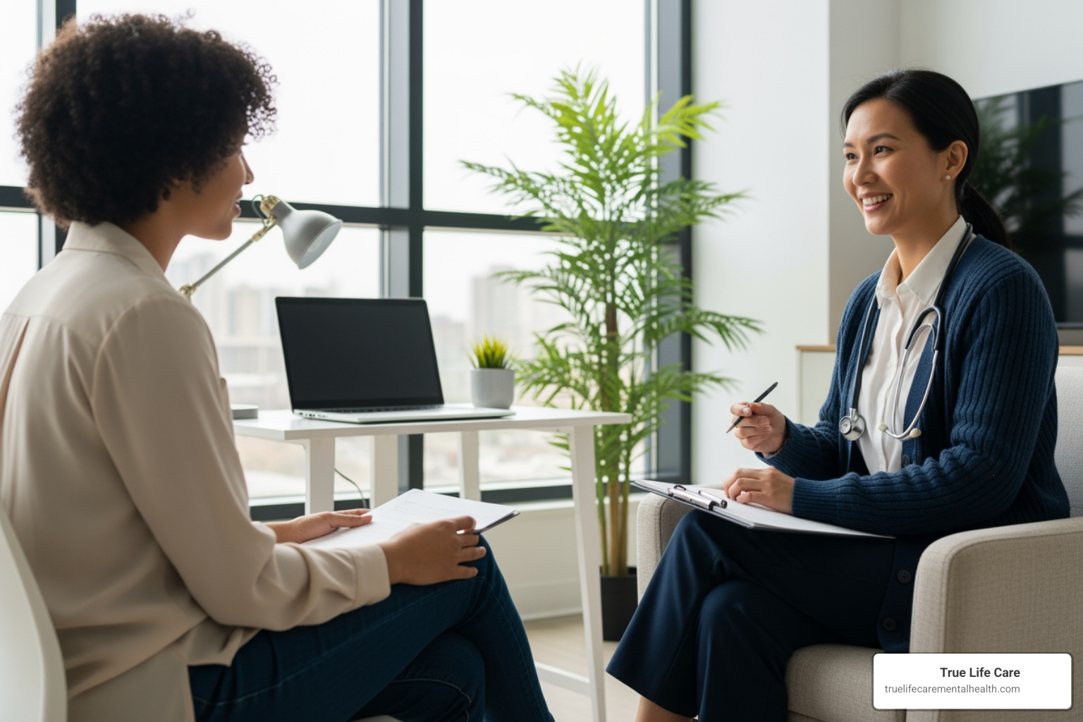 A supportive therapy session in a modern clinical setting with a therapist and a client discussing mood management - Bipolar Disorder Therapy in New Jersey A supportive therapy session in a modern clinical setting with a therapist and a client discussing mood management - Bipolar Disorder Therapy in New Jersey