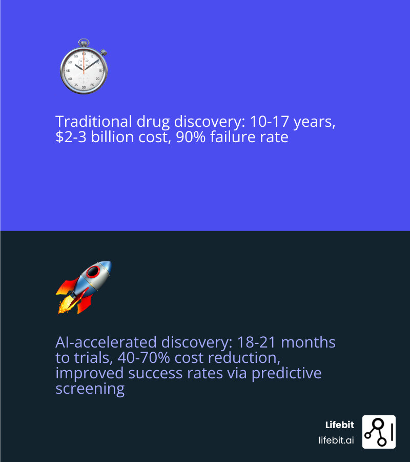 AI drug development process comparison: Traditional 10-17 year pipeline with $2-3 billion cost and 90% failure rate versus AI-accelerated 18-month discovery with predictive screening, automated target validation, generative molecular design, and real-time clinical optimization reducing costs by 40-70% and improving success rates through federated multi-omic analytics - ai enabled drug development infographic 2_facts_emoji_blue