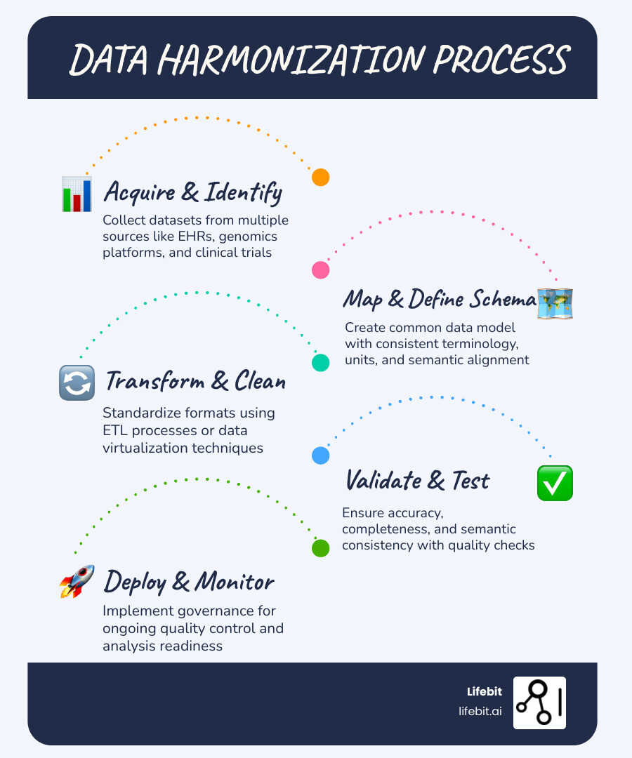 Infographic showing the data harmonization workflow: starting with multiple disparate data sources (EHR systems, genomic databases, clinical trials, claims data) flowing through five stages—data acquisition, schema mapping with semantic alignment, transformation using ETL or virtualization, validation with quality checks, and deployment with continuous monitoring—resulting in a unified harmonized dataset accessible for analysis, AI modeling, and regulatory reporting - data harmonization process infographic infographic-line-5-steps-blues-accent_colors Infographic showing the data harmonization workflow: starting with multiple disparate data sources (EHR systems, genomic databases, clinical trials, claims data) flowing through five stages—data acquisition, schema mapping with semantic alignment, transformation using ETL or virtualization, validation with quality checks, and deployment with continuous monitoring—resulting in a unified harmonized dataset accessible for analysis, AI modeling, and regulatory reporting - data harmonization process infographic infographic-line-5-steps-blues-accent_colors