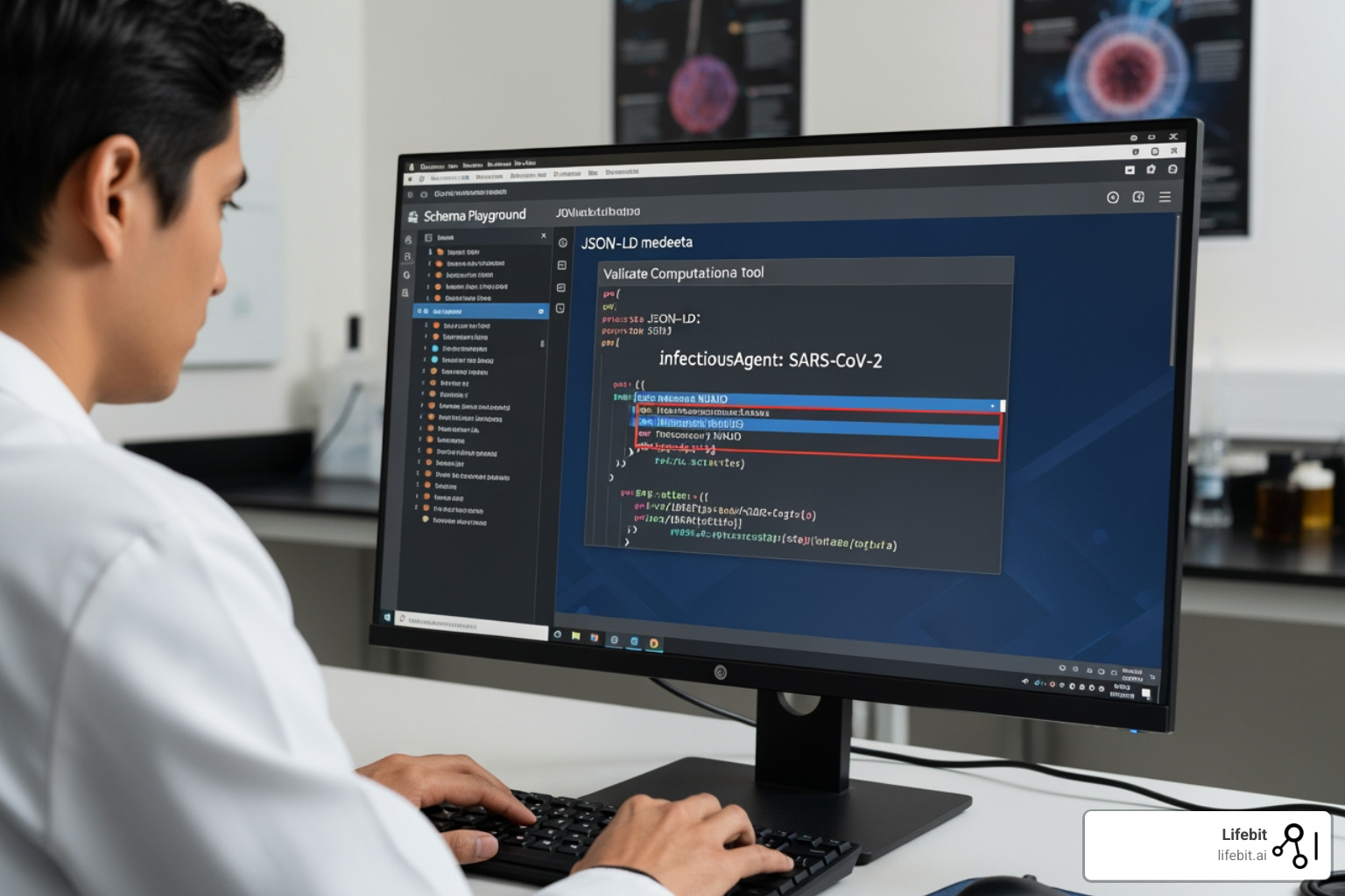 A researcher using the Schema Playground to validate JSON-LD metadata for a computational tool, ensuring it correctly links to a specific NIAID dataset and includes required infectiousAgent properties - niaid data catalog integration