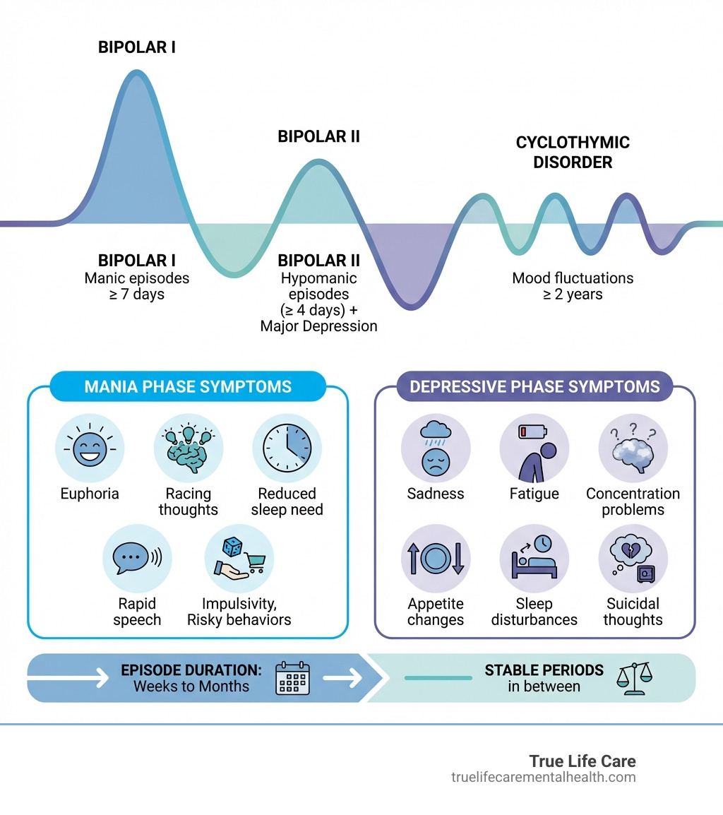 Infographic showing the bipolar disorder spectrum including Bipolar I (manic episodes lasting at least 7 days), Bipolar II (hypomanic episodes of 4+ days with major depression), and Cyclothymic Disorder (mood fluctuations for 2+ years). Displays symptoms of mania phase including euphoria, racing thoughts, reduced sleep need, rapid speech, impulsivity, and risky behaviors. Shows depressive phase symptoms including sadness, fatigue, concentration problems, appetite changes, sleep disturbances, and suicidal thoughts. Indicates that episodes can last weeks to months with stable periods in between. - Bipolar Disorder Therapy in New Jersey infographic Infographic showing the bipolar disorder spectrum including Bipolar I (manic episodes lasting at least 7 days), Bipolar II (hypomanic episodes of 4+ days with major depression), and Cyclothymic Disorder (mood fluctuations for 2+ years). Displays symptoms of mania phase including euphoria, racing thoughts, reduced sleep need, rapid speech, impulsivity, and risky behaviors. Shows depressive phase symptoms including sadness, fatigue, concentration problems, appetite changes, sleep disturbances, and suicidal thoughts. Indicates that episodes can last weeks to months with stable periods in between. - Bipolar Disorder Therapy in New Jersey infographic