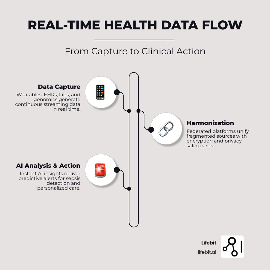 Infographic showing the flow of real-time health data from multiple sources (wearables, EHRs, labs, genomics) through secure federated platforms to clinical decision support systems, predictive alerts, and personalized treatment recommendations, highlighting key stages: data capture, harmonization, AI analysis, and clinical action - Real-time health data insights infographic infographic-line-3-steps-elegant_beige Infographic showing the flow of real-time health data from multiple sources (wearables, EHRs, labs, genomics) through secure federated platforms to clinical decision support systems, predictive alerts, and personalized treatment recommendations, highlighting key stages: data capture, harmonization, AI analysis, and clinical action - Real-time health data insights infographic infographic-line-3-steps-elegant_beige