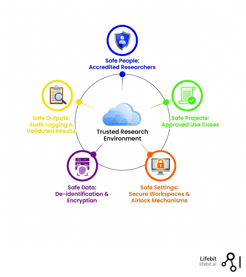 Infographic showing the Five Safes framework for trusted research environment providers: Safe People with accredited researchers, Safe Projects with approved use cases, Safe Settings with secure workspaces and airlock mechanisms, Safe Data with de-identification and encryption, and Safe Outputs with audit logging and validated results - trusted research environment providers infographic 