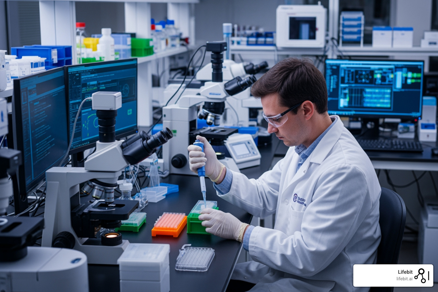 Scientist using CRISPR-Cas9 gene editing technology in a high-tech laboratory setting to perform drug target validation experiments - Drug target validation