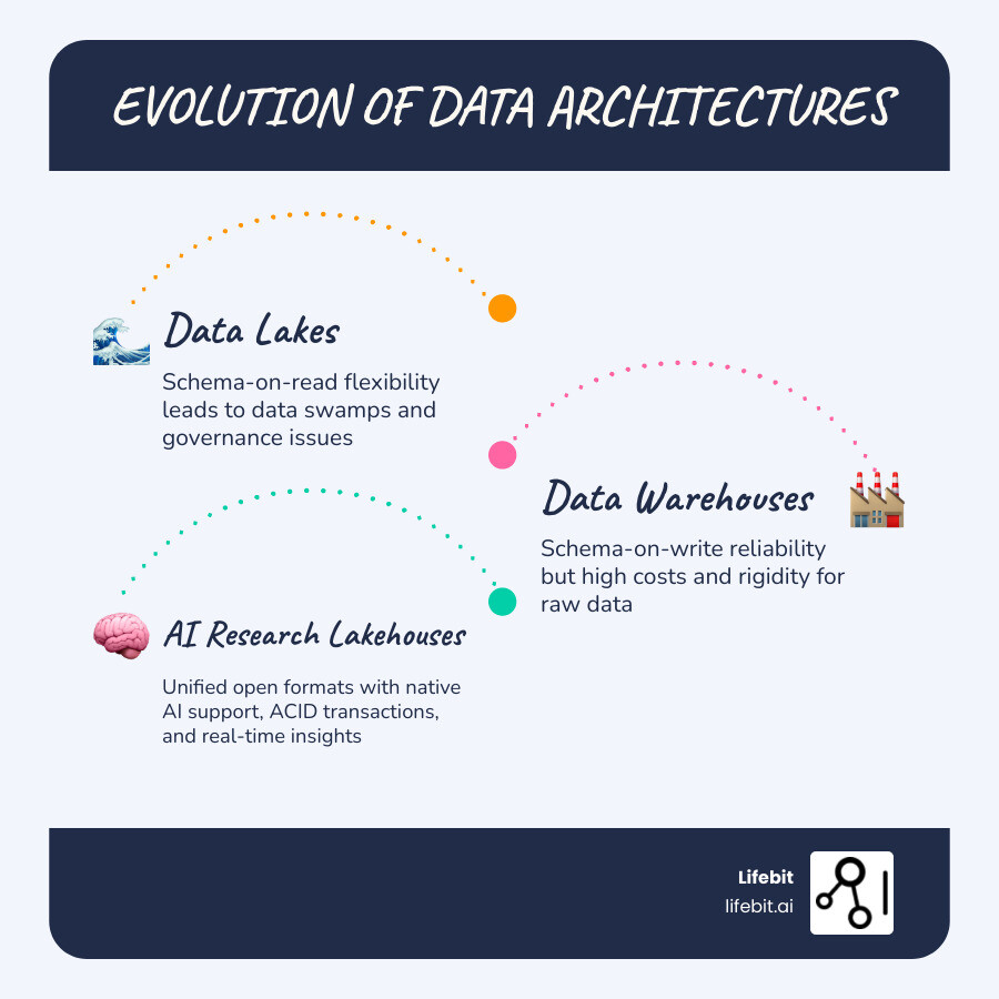 Infographic showing the evolution from traditional data lakes (schema-on-read, data swamps) to data warehouses (schema-on-write, high cost) to two-tier architectures (duplication, staleness) to AI-powered research lakehouses (unified, open formats, native AI support, governed, cost-effective) - AI-powered research lakehouse infographic infographic-line-3-steps-blues-accent_colors
