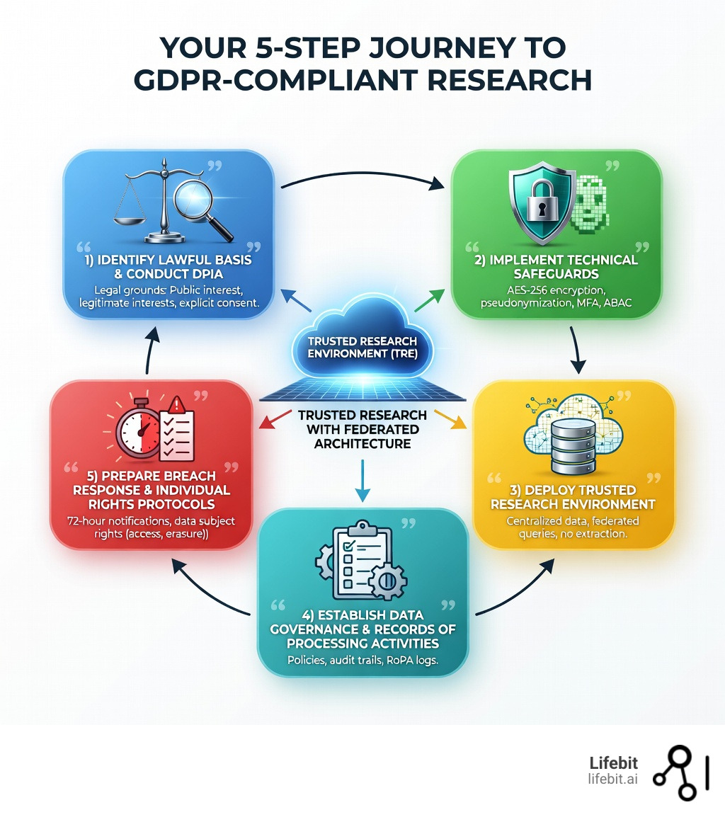 Infographic showing the 5-step path to GDPR compliant research: 1) Identify lawful basis and conduct DPIA, 2) Implement technical safeguards (encryption, pseudonymization, access controls), 3) Deploy Trusted Research Environment with federated architecture, 4) Establish data governance and Records of Processing Activities, 5) Prepare breach response and individual rights protocols - gdpr compliant research environments infographic 