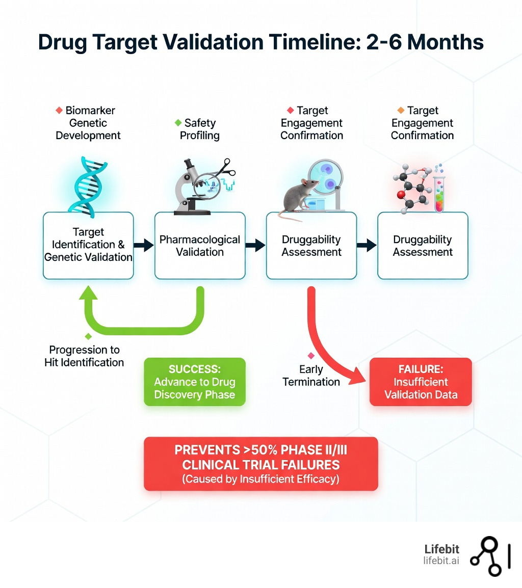 Infographic showing the drug target validation timeline: 2-6 months from target identification through genetic validation (CRISPR, knockout studies), pharmacological validation (in vitro assays, animal models), and druggability assessment, leading to either progression to hit identification or early termination, with key decision points including biomarker development, safety profiling, and target engagement confirmation—highlighting how this process prevents the 50%+ Phase II/III failure rate caused by insufficient efficacy - Drug target validation infographic 