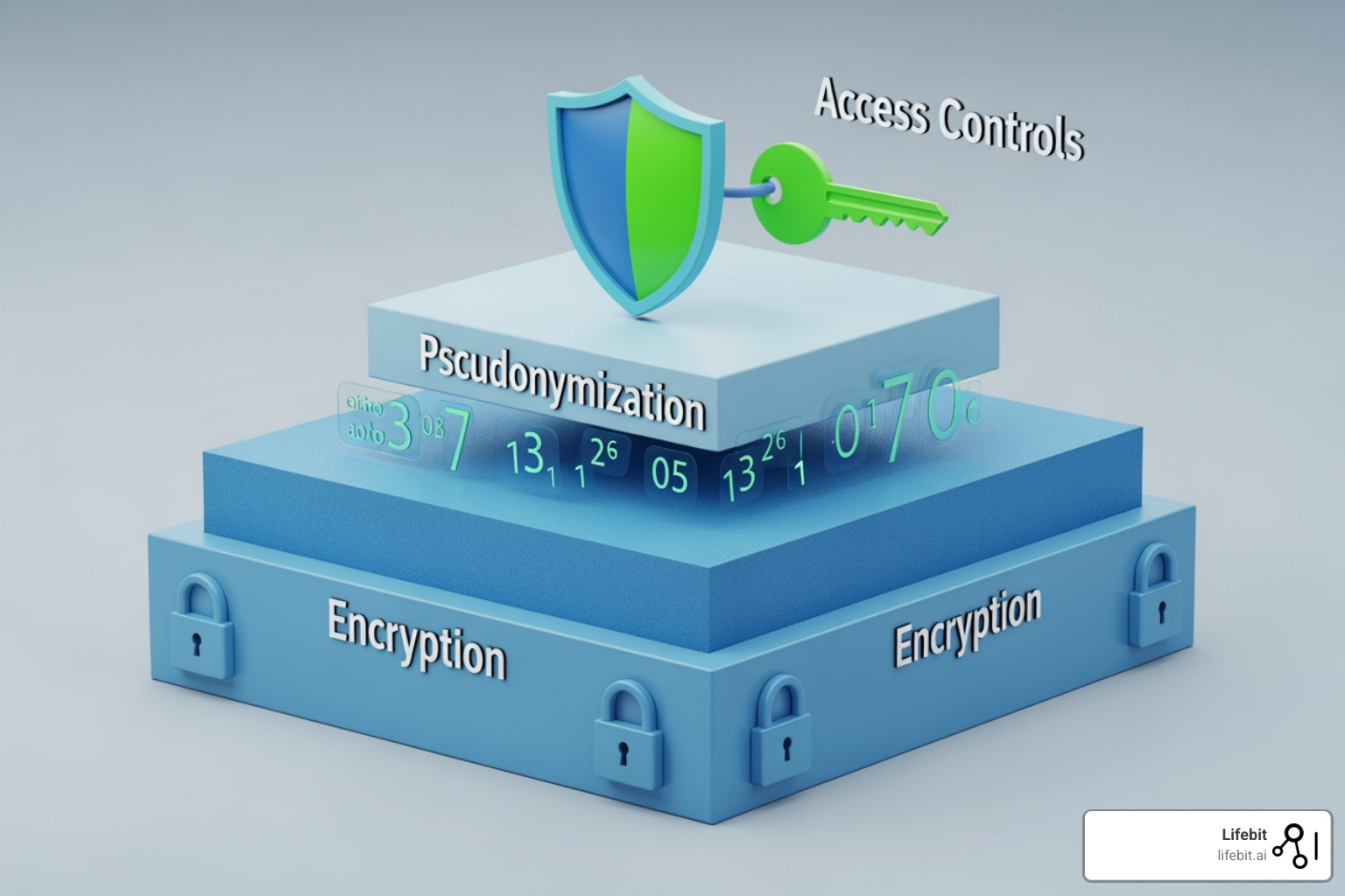 Diagram showing layers of data security: Encryption at the base, Pseudonymization in the middle, and Access Controls at the top - gdpr compliant research environments