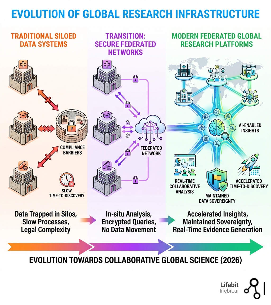 Infographic showing the evolution from traditional siloed data systems to modern federated global research platforms: left side depicts isolated data centers with blocked transfer arrows and compliance barriers; center shows the transition through secure federated networks; right side illustrates real-time collaborative analysis across institutions with AI-enabled insights, maintained data sovereignty, and accelerated time-to-discovery - Global research platform infographic 
