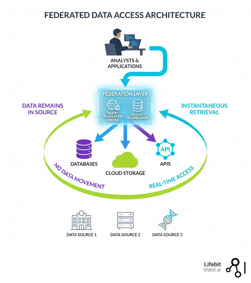 Infographic showing federated data access architecture: multiple data sources (databases, cloud storage, APIs) connected to a federation layer that translates queries, with unified access for analysts and applications at the top. Arrows show query flow down and aggregated results flowing up, with labels indicating "no data movement" and "real-time access" - federated data access infographic Infographic showing federated data access architecture: multiple data sources (databases, cloud storage, APIs) connected to a federation layer that translates queries, with unified access for analysts and applications at the top. Arrows show query flow down and aggregated results flowing up, with labels indicating "no data movement" and "real-time access" - federated data access infographic
