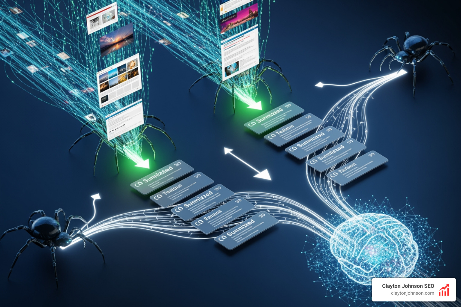 Large Language Model data processing showing how AI crawlers ingest website data to create summaries and citations - AI content audit tools Large Language Model data processing showing how AI crawlers ingest website data to create summaries and citations - AI content audit tools