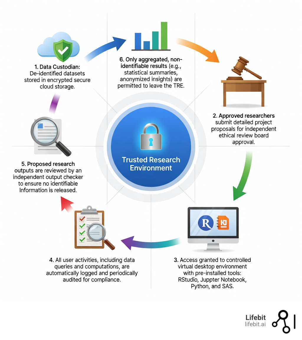 Infographic showing the flow of data in a trusted research environment: data custodian stores de-identified datasets in secure cloud storage, approved researchers submit project proposals for ethical review, access is granted through controlled virtual desktop with analysis tools like RStudio and Jupyter, all activity is logged and audited, output checker reviews results before release, and only aggregated non-identifiable insights leave the environment - trusted research environment TRE infographic 