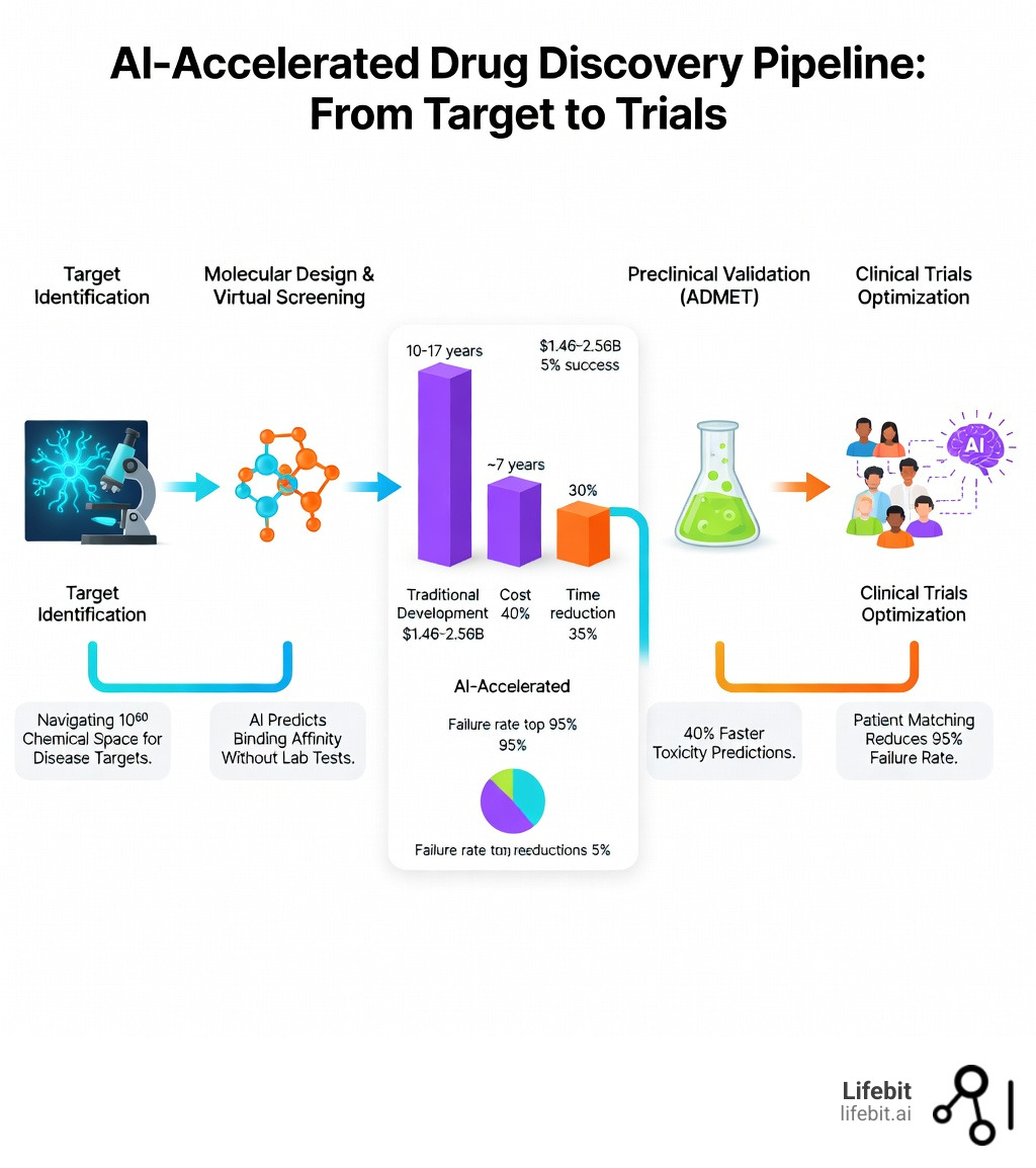 Infographic showing the AI-accelerated drug discovery pipeline from target identification through clinical trials, highlighting key statistics: traditional development costs $1.46-2.56B over 10-17 years with 5% success rate, versus AI-accelerated development reducing preclinical time by 40% and costs by 30%, with applications including target discovery from 10^60 chemical space, virtual screening, ADMET prediction, protein structure prediction at 92.4% accuracy, and clinical trial optimization to reduce 95% failure rates - ai in pharmaceutical r&d infographic Infographic showing the AI-accelerated drug discovery pipeline from target identification through clinical trials, highlighting key statistics: traditional development costs $1.46-2.56B over 10-17 years with 5% success rate, versus AI-accelerated development reducing preclinical time by 40% and costs by 30%, with applications including target discovery from 10^60 chemical space, virtual screening, ADMET prediction, protein structure prediction at 92.4% accuracy, and clinical trial optimization to reduce 95% failure rates - ai in pharmaceutical r&d infographic