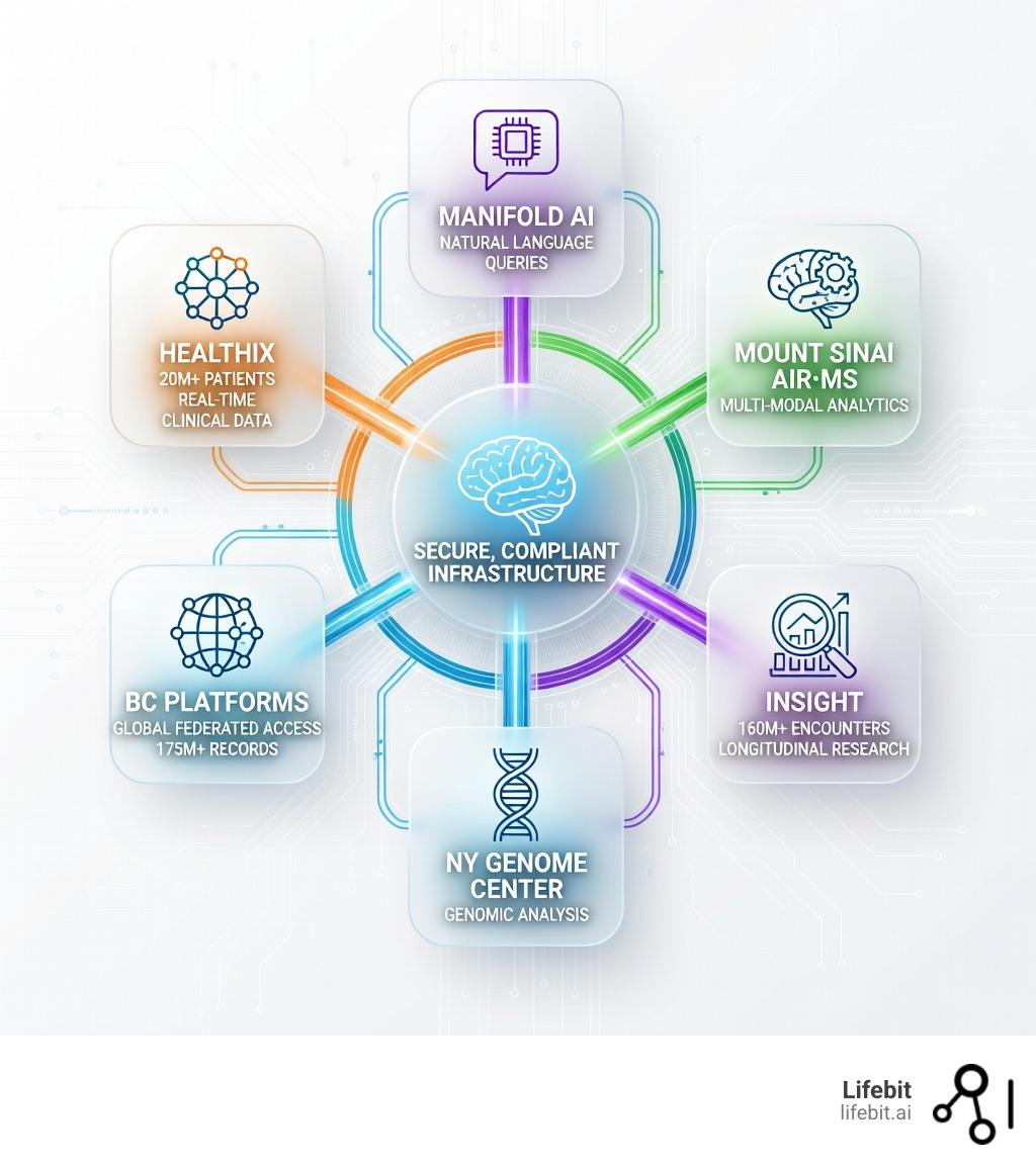 Infographic showing the New York biomedical data ecosystem: Healthix with 20M+ patients for real-time clinical data, Mount Sinai AIR·MS for multi-modal analytics, INSIGHT with 160M+ encounters for longitudinal research, and NY Genome Center for genomic analysis—all connected through secure, compliant infrastructure enabling faster research breakthroughs - biomedical data platform New York infographic Infographic showing the New York biomedical data ecosystem: Healthix with 20M+ patients for real-time clinical data, Mount Sinai AIR·MS for multi-modal analytics, INSIGHT with 160M+ encounters for longitudinal research, and NY Genome Center for genomic analysis—all connected through secure, compliant infrastructure enabling faster research breakthroughs - biomedical data platform New York infographic