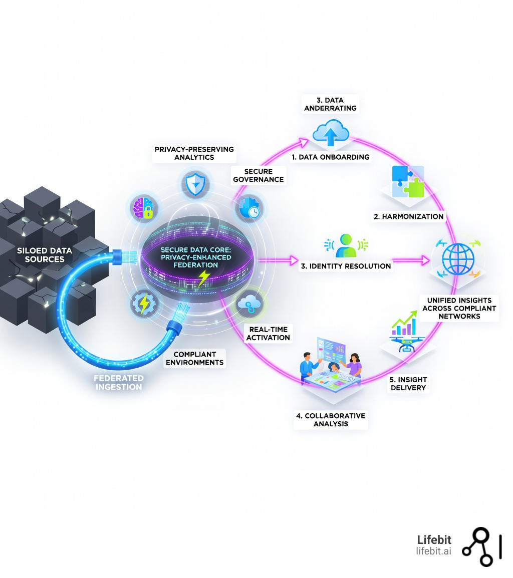 Infographic showing the journey from siloed data sources through federated ingestion, privacy-preserving analytics, secure governance, and real-time activation—highlighting key stages: data onboarding, harmonization, identity resolution, collaborative analysis, and insight delivery across compliant environments - Data collaboration platform infographic 