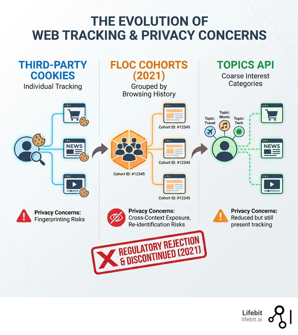 Infographic showing the evolution from third-party cookies to FLoC cohorts to Topics API, with key privacy concerns at each stage including fingerprinting risks, cross-context exposure, and the final regulatory rejection that led to FLoC's discontinuation in 2021 - federated cohort browser infographic 