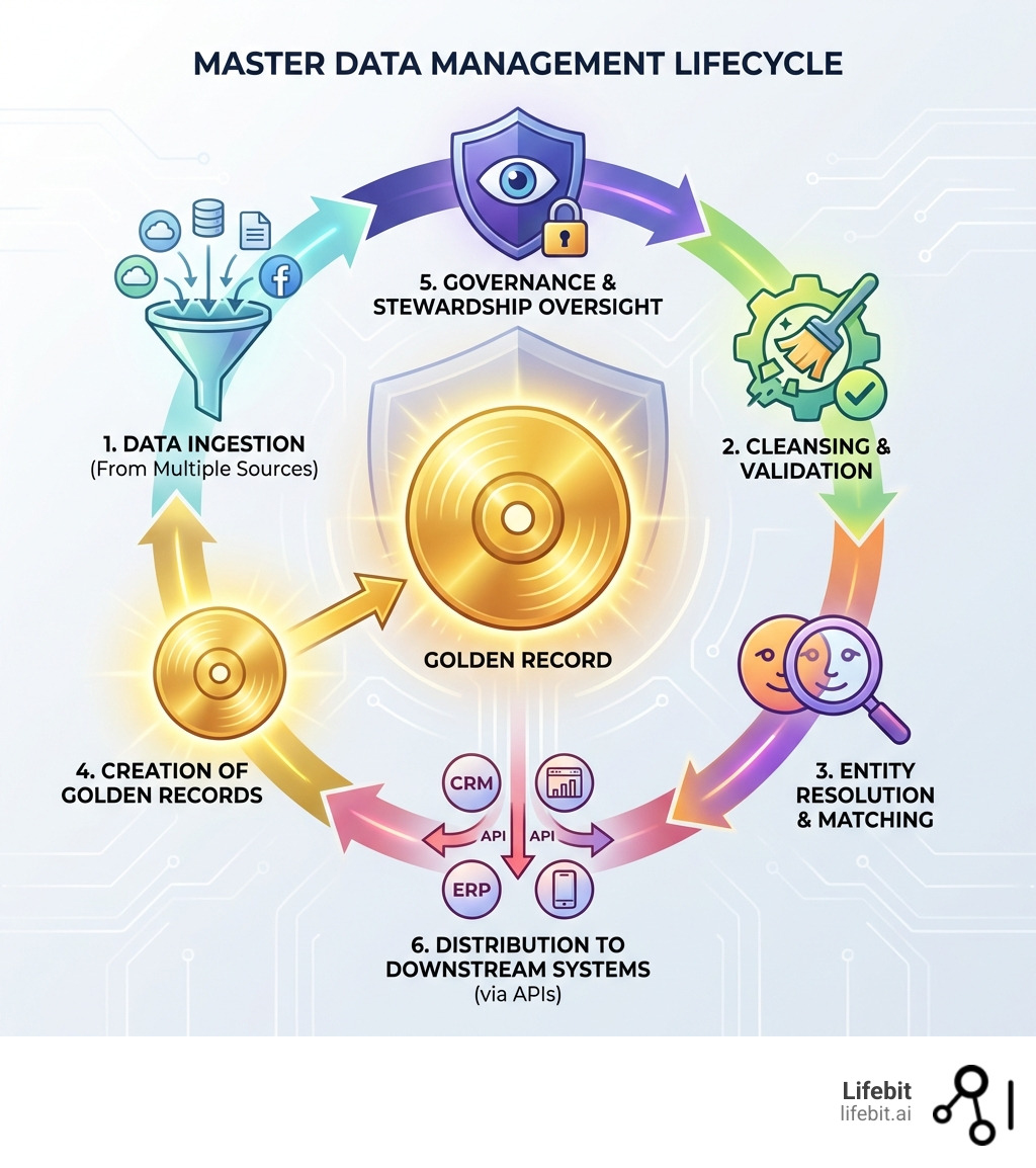 Infographic showing the master data management lifecycle: data ingestion from multiple sources, cleansing and validation, entity resolution and matching, creation of golden records, governance and stewardship oversight, and distribution to downstream systems via APIs - master data management infographic Infographic showing the master data management lifecycle: data ingestion from multiple sources, cleansing and validation, entity resolution and matching, creation of golden records, governance and stewardship oversight, and distribution to downstream systems via APIs - master data management infographic