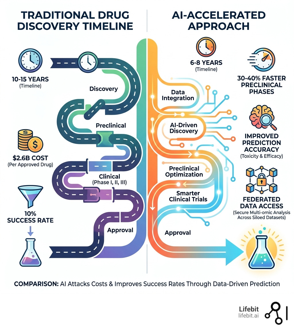 Infographic comparing traditional drug discovery timeline (10-15 years, $2.6B cost, 10% success rate) versus AI-accelerated approach (6-8 years, 30-40% faster preclinical phases, improved prediction accuracy for toxicity and efficacy, federated data access enabling secure multi-omic analysis across siloed datasets) - Drug development AI infographic Infographic comparing traditional drug discovery timeline (10-15 years, $2.6B cost, 10% success rate) versus AI-accelerated approach (6-8 years, 30-40% faster preclinical phases, improved prediction accuracy for toxicity and efficacy, federated data access enabling secure multi-omic analysis across siloed datasets) - Drug development AI infographic
