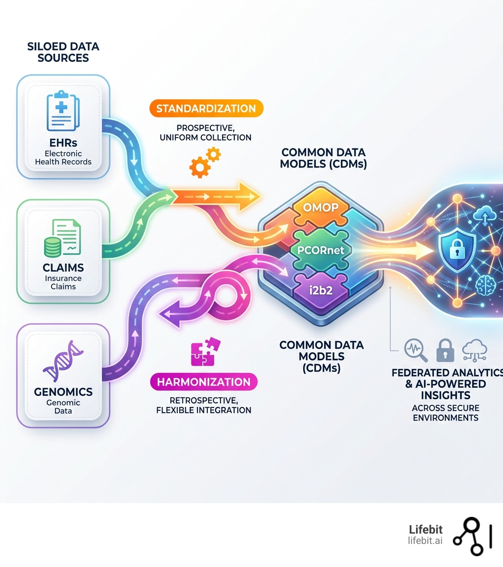 Infographic showing the data integration journey: Starting with siloed data sources (EHRs, claims, genomics), moving through either standardization (prospective, uniform collection) or harmonization (retrospective, flexible integration), leading to Common Data Models like OMOP, PCORnet, and i2b2, and finally enabling federated analytics and AI-powered insights across secure environments - data harmonization vs data standardization infographic Infographic showing the data integration journey: Starting with siloed data sources (EHRs, claims, genomics), moving through either standardization (prospective, uniform collection) or harmonization (retrospective, flexible integration), leading to Common Data Models like OMOP, PCORnet, and i2b2, and finally enabling federated analytics and AI-powered insights across secure environments - data harmonization vs data standardization infographic