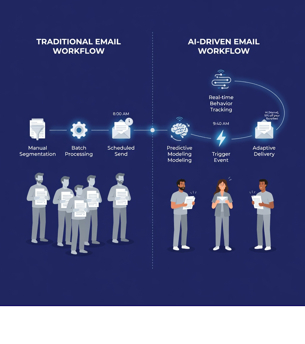 Infographic comparing traditional email workflow with manual segmentation and batch sends versus AI-driven workflow with real-time behavioral triggers, predictive timing, and adaptive content personalization - AI email campaigns infographic 