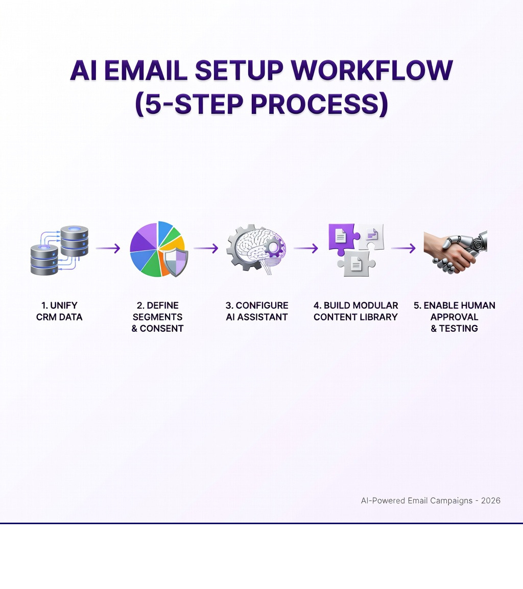 Infographic showing 5-step AI email setup workflow: 1. Unify CRM data, 2. Define segments and consent, 3. Configure AI assistant, 4. Build modular content library, 5. Enable human approval and testing - AI email campaigns infographic 
