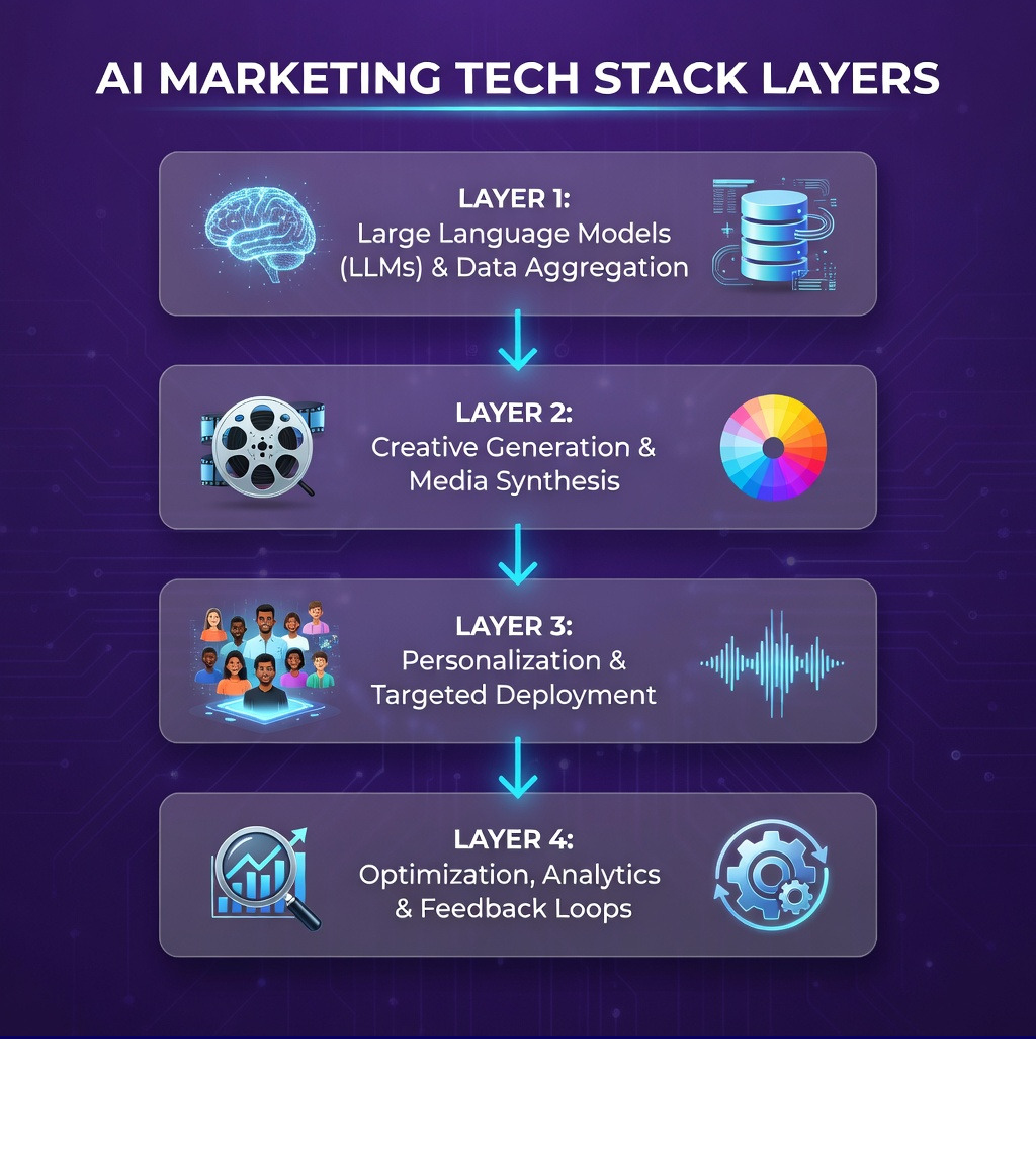 Infographic showing the layers of an AI marketing tech stack from LLMs to creative generation and final optimization - best ai advertising campaigns infographic 
