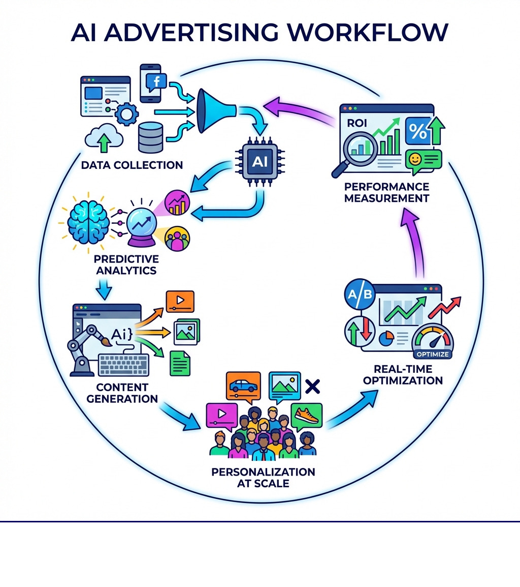 Infographic showing the AI advertising workflow from data collection through predictive analytics, content generation, personalization at scale, real-time optimization, and performance measurement - best ai advertising campaigns infographic 