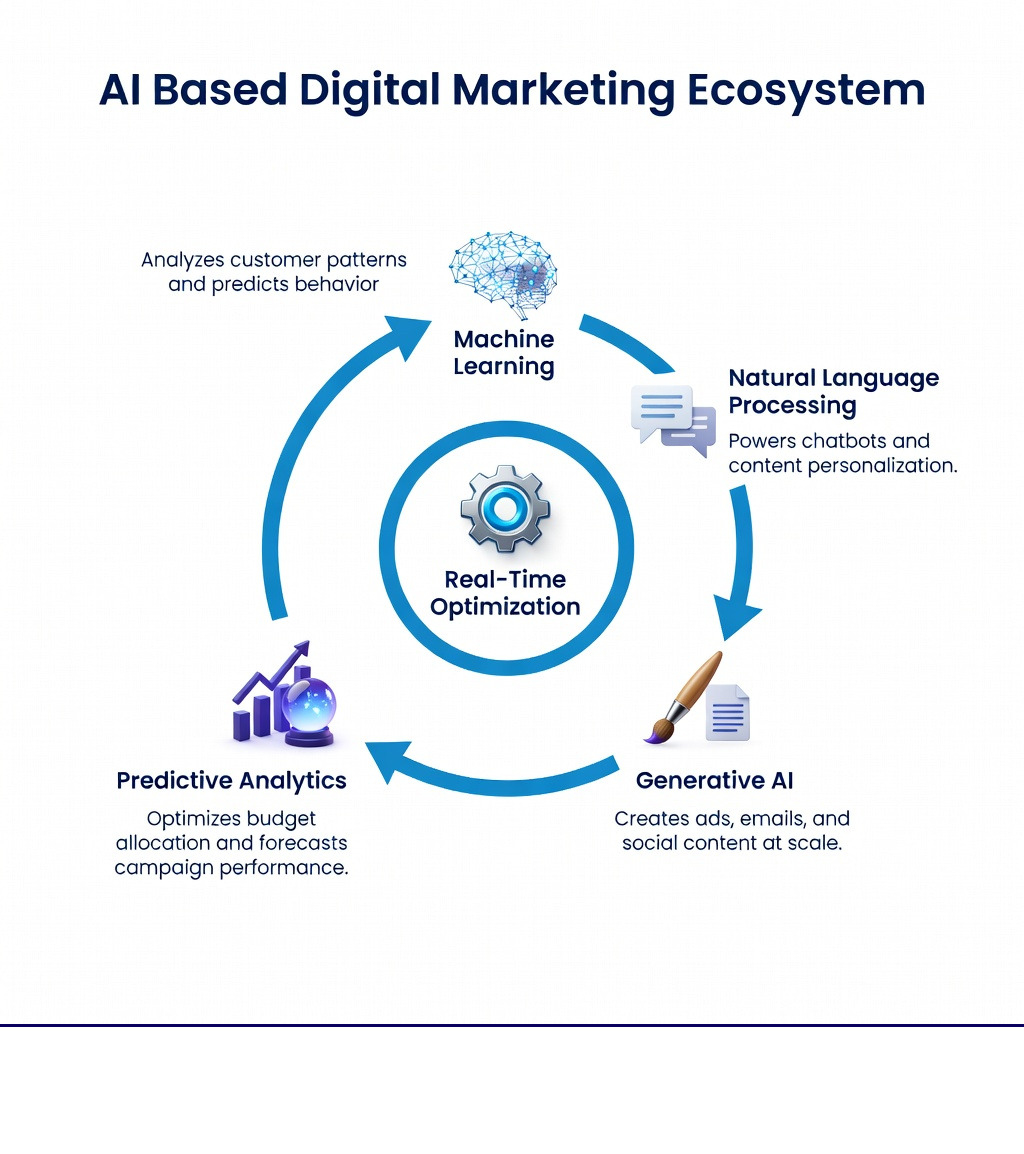 AI Based Digital Marketing Ecosystem: Machine Learning analyzes customer patterns and predicts behavior → Natural Language Processing powers chatbots and content personalization → Generative AI creates ads, emails, and social content at scale → Predictive Analytics optimizes budget allocation and forecasts campaign performance → All components feed into Real-Time Optimization for continuous improvement - ai based digital marketing infographic 