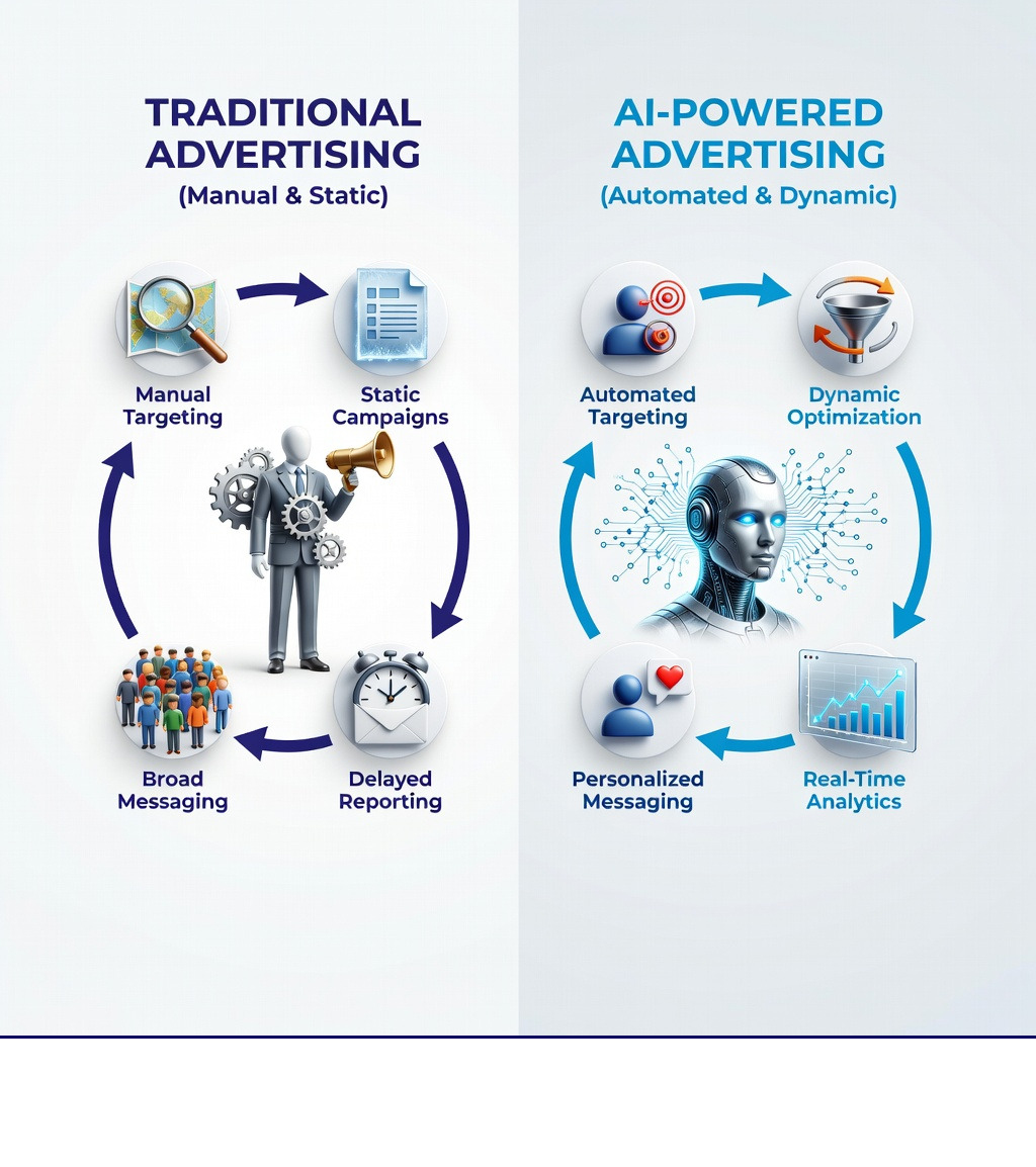 Infographic showing the workflow comparison between traditional advertising (manual targeting, static campaigns, broad messaging, delayed reporting) and AI-powered advertising (automated targeting, dynamic optimization, personalized messaging, real-time analytics) - ai based advertising infographic 