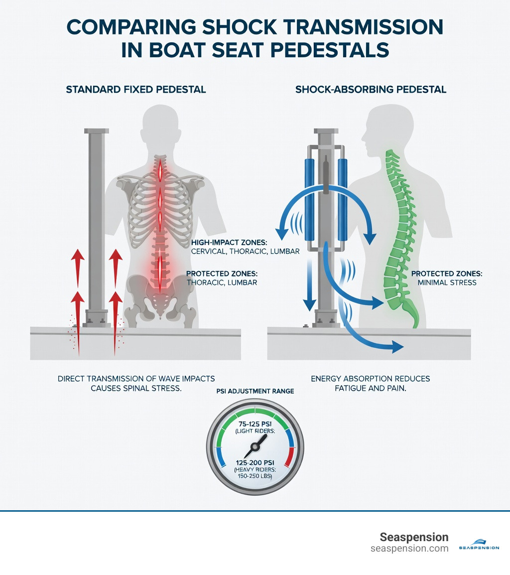 Infographic showing vertical shock forces transmitted through a standard fixed pedestal versus a shock-absorbing pedestal, with spine impact zones highlighted and PSI adjustment ranges for different rider weights - boat seat pedestal set infographic 