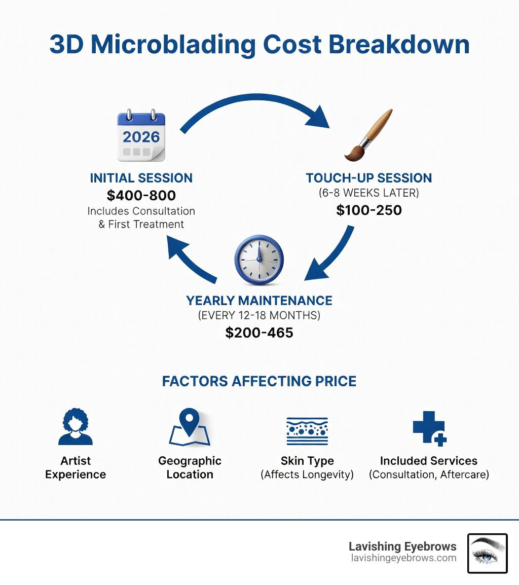 Infographic showing 3D microblading cost breakdown: initial session $400-800, touch-up session $100-250 at 6-8 weeks, yearly maintenance $200-465 every 12-18 months, with factors affecting price including artist experience, geographic location, skin type affecting longevity, and included services like consultation and aftercare - 3d eyebrow microblading cost infographic 