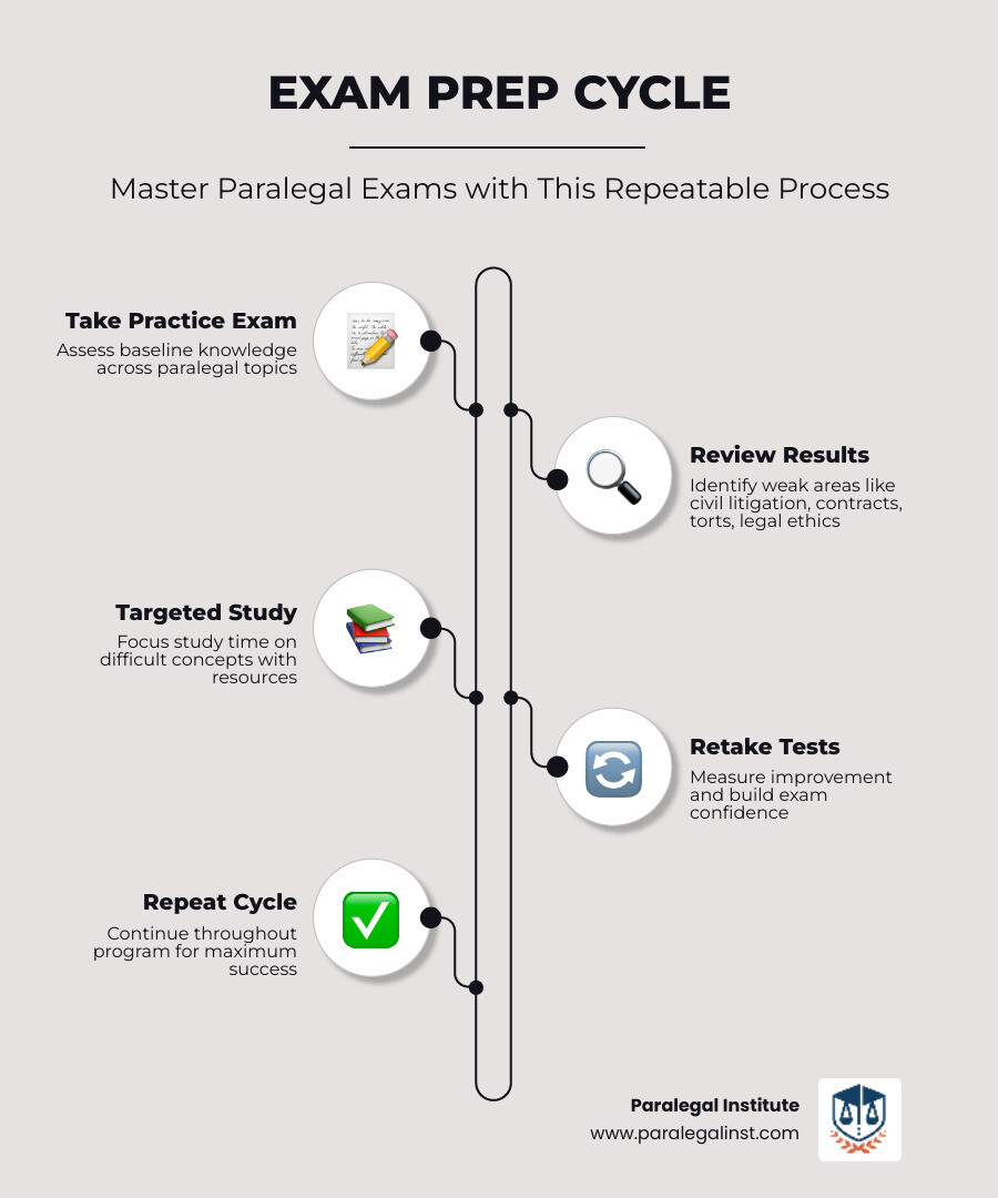 Infographic showing the cycle of effective exam preparation: Step 1 - Take a paralegal practice exam to establish baseline knowledge. Step 2 - Review results and identify weak areas in topics like civil litigation, contracts, torts, and legal ethics. Step 3 - Focus your study time on difficult concepts using targeted resources. Step 4 - Retake practice tests to measure improvement and build confidence. Repeat this cycle throughout your paralegal program for maximum success. - paralegal practice exam infographic Infographic showing the cycle of effective exam preparation: Step 1 - Take a paralegal practice exam to establish baseline knowledge. Step 2 - Review results and identify weak areas in topics like civil litigation, contracts, torts, and legal ethics. Step 3 - Focus your study time on difficult concepts using targeted resources. Step 4 - Retake practice tests to measure improvement and build confidence. Repeat this cycle throughout your paralegal program for maximum success. - paralegal practice exam infographic