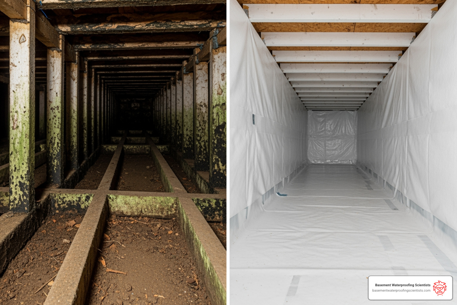 comparison of moldy floor joists in a damp crawl space vs clean white encapsulated wood - Crawl space encapsulation benefits comparison of moldy floor joists in a damp crawl space vs clean white encapsulated wood - Crawl space encapsulation benefits