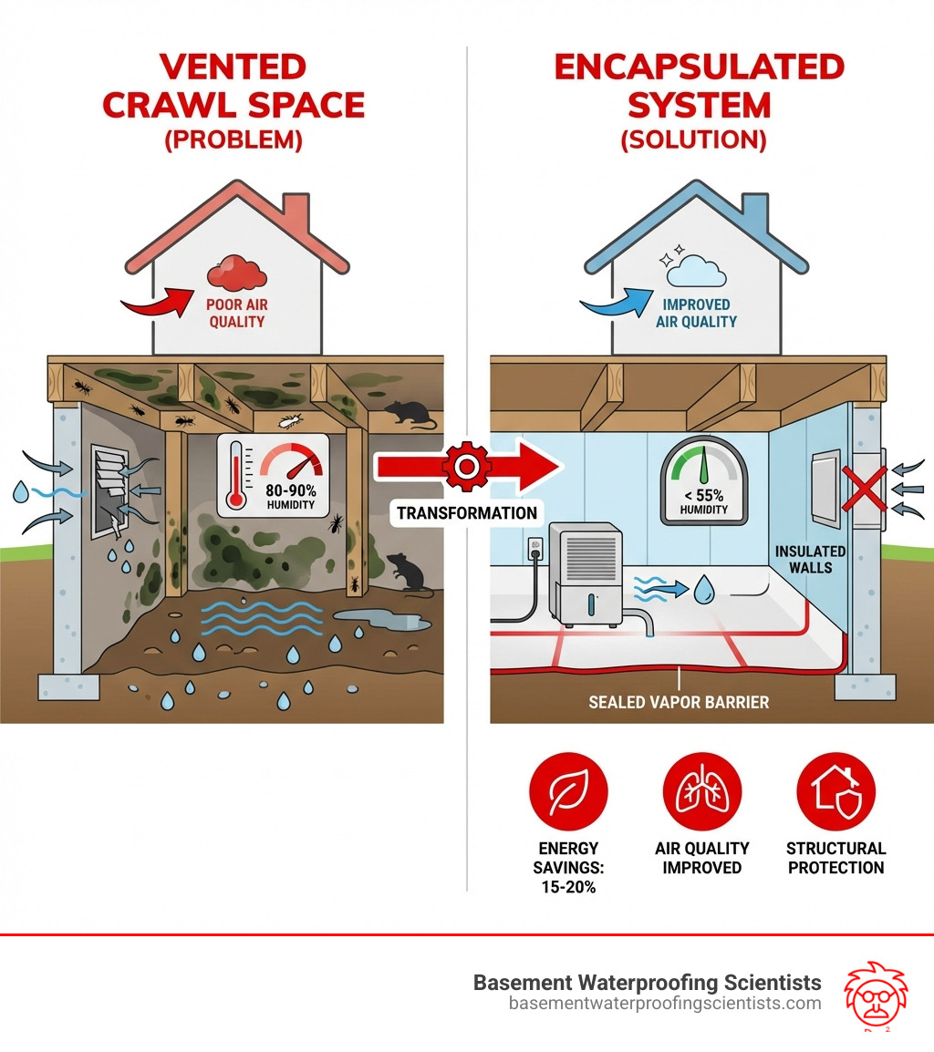 infographic showing the transformation from a vented crawl space with moisture problems, mold, and pests to an encapsulated system with sealed vapor barrier, dehumidifier, insulated walls, and controlled humidity levels below 55%, including air quality improvements and energy savings percentages - Crawl space encapsulation benefits infographic infographic showing the transformation from a vented crawl space with moisture problems, mold, and pests to an encapsulated system with sealed vapor barrier, dehumidifier, insulated walls, and controlled humidity levels below 55%, including air quality improvements and energy savings percentages - Crawl space encapsulation benefits infographic