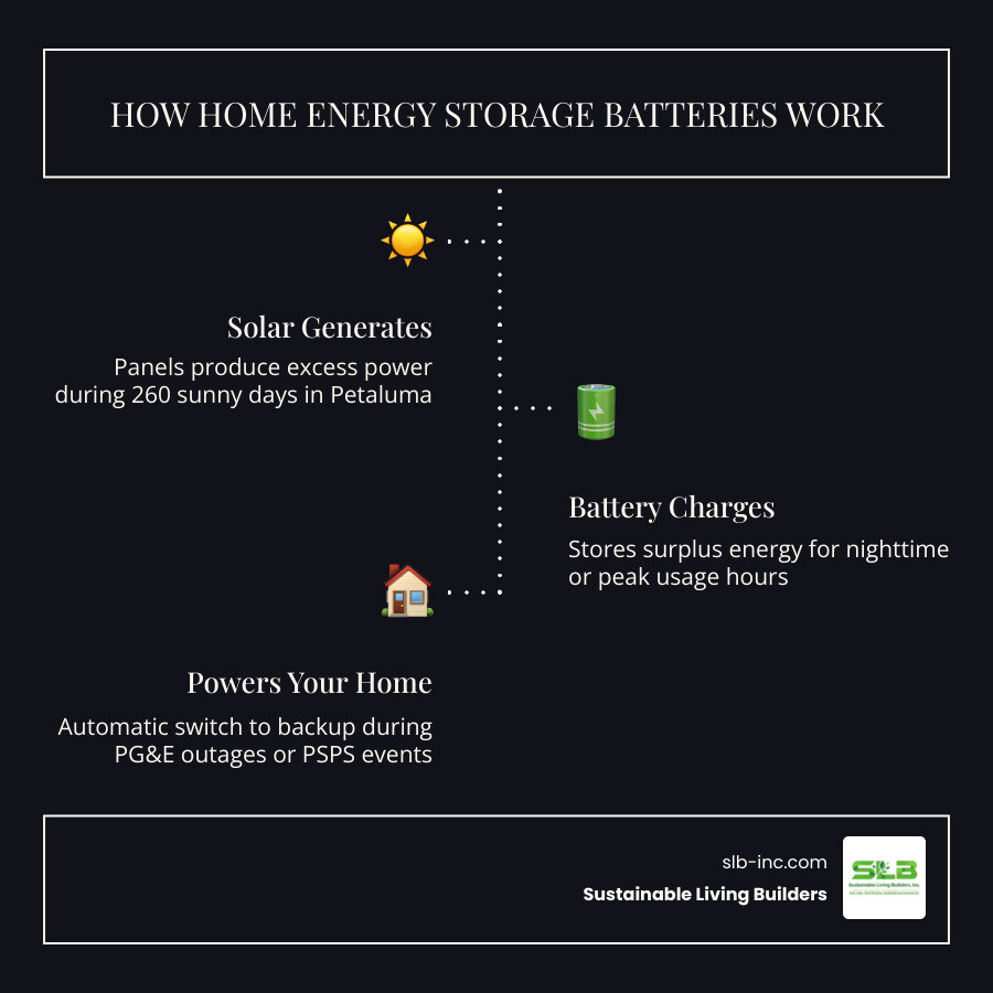 Infographic showing how home energy storage batteries work: solar panels generate power during the day, excess energy charges the battery, stored energy powers your home at night or during outages, and the system automatically switches to battery backup when the grid goes down - home energy storage batteries in petaluma, ca infographic infographic-line-3-steps-dark